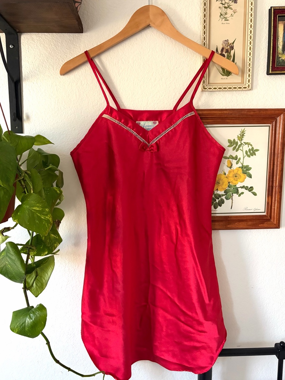 1990s Vintage Lingerie Red Satin Slip Dress Nightgown Feminine Coquette Medium